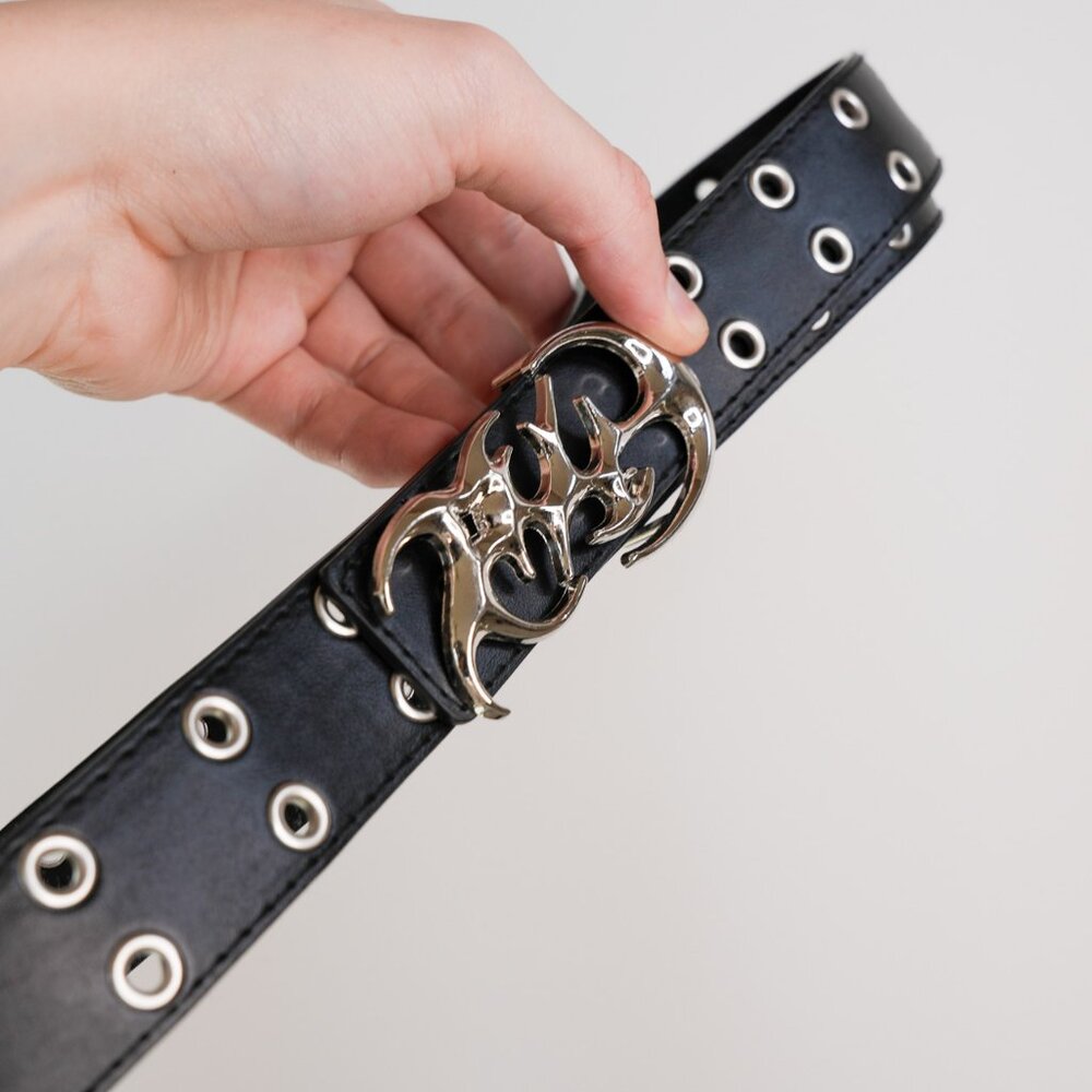 y2k flame buckle black grommet belt — 2000s grunge emo style